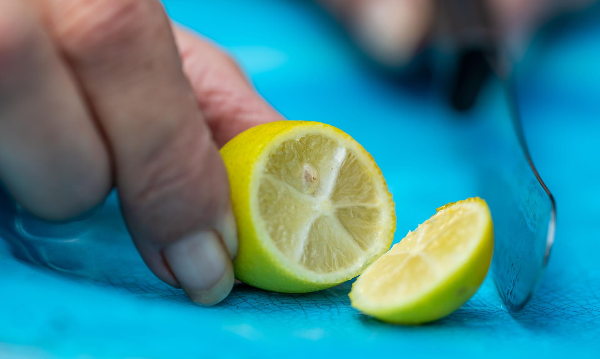 Close up of sliced lemon on blue background